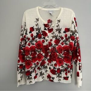 Cathy Daniels Red Rose White Beaded Jewel Cardigan Button Down Sweater